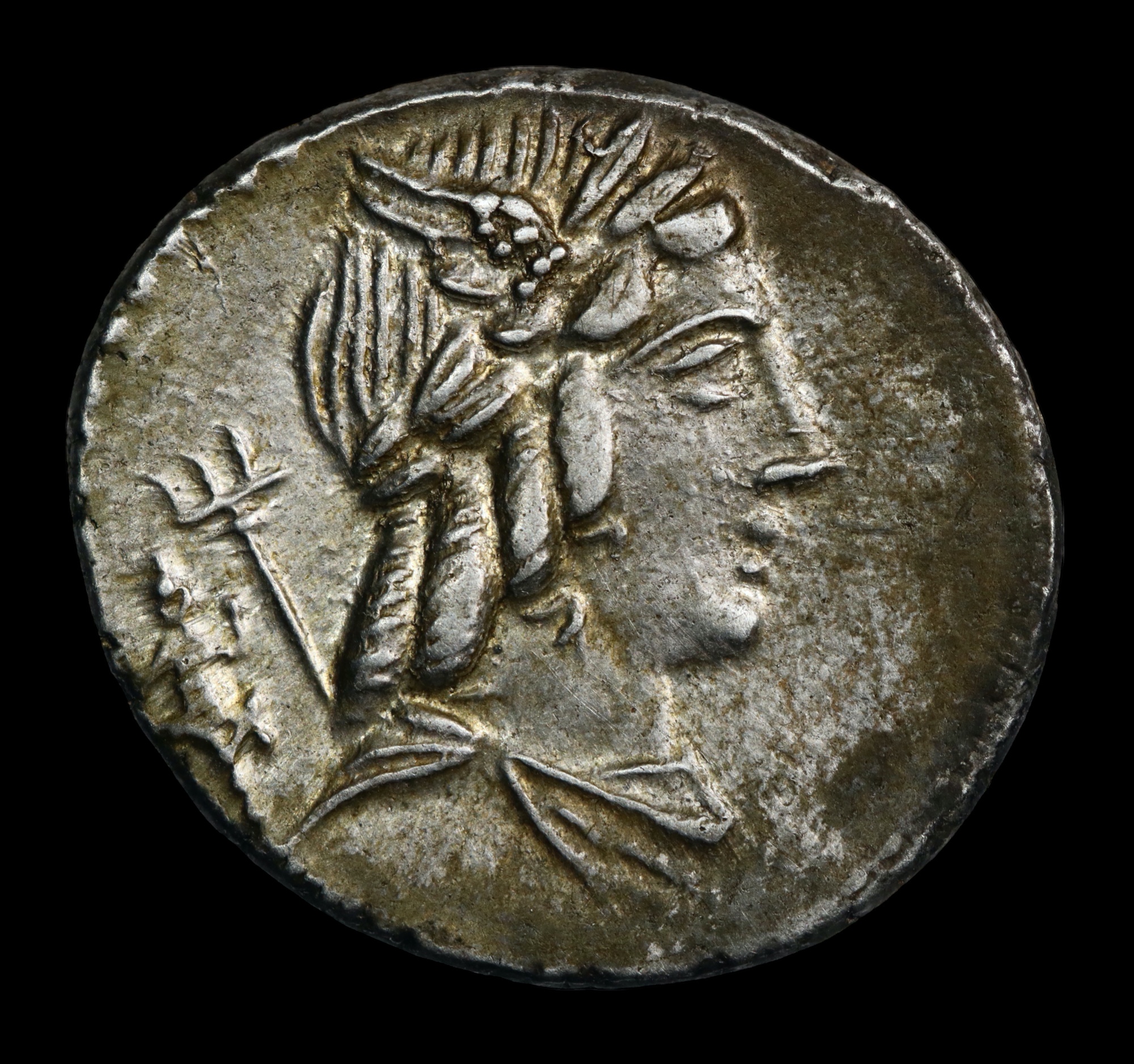 Silver denarius of l julius bursio 85 bc
