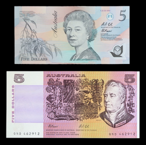 Fist polymer and last paper australian five dollar notes 1992