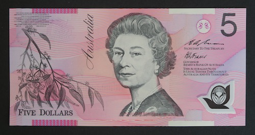 Five dollars 1996 polymer australian banknote