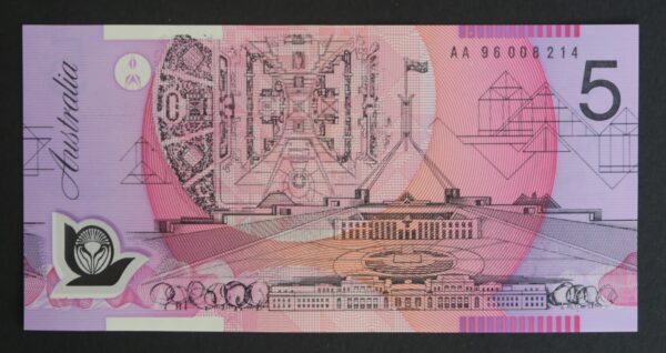 Australian polymer five dollar 1996 banknote folder