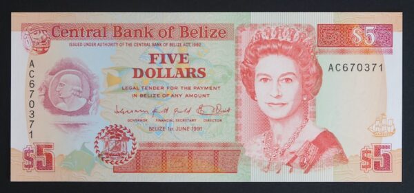 Belize five dollar banknote 1991