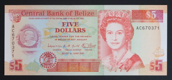 Central bank of belize five dollars 1991