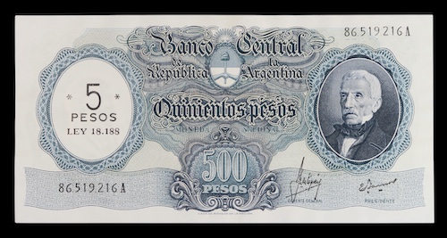 Argentina over print five pesos on 500 pesos