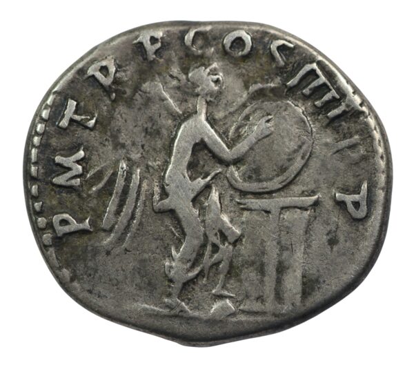 Silver roman denarius victory inscribing shield reverse