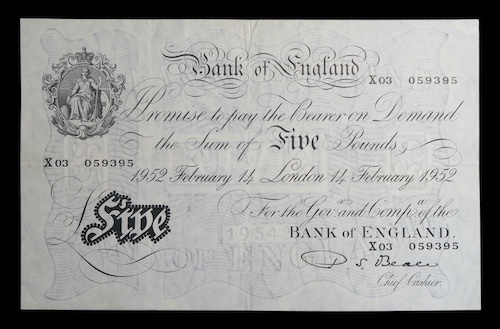 Bank of england five pounds beale signature 1952