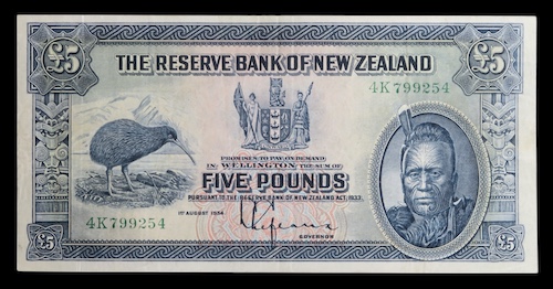 New zealand five pounds 1934 series