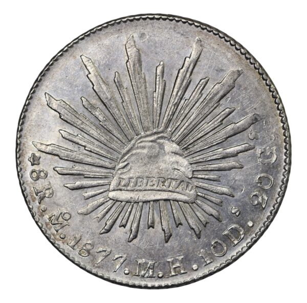 Mexico radiant cap eight reals 1877 mexico city mint