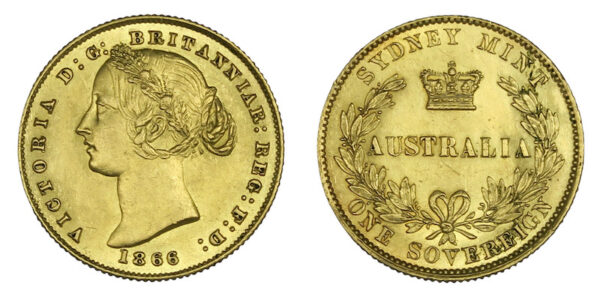 Australian colonial era gold sovereign 1866 Sydney Mint