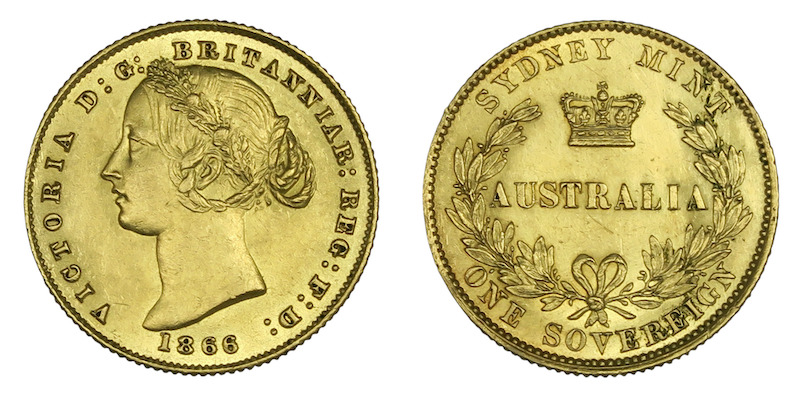 Australian colonial era gold sovereign 1866 Sydney Mint