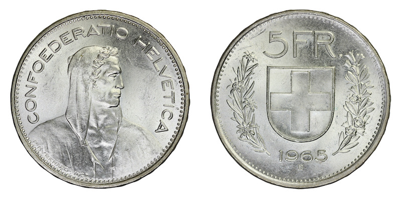 Switzerland five francs 1965b