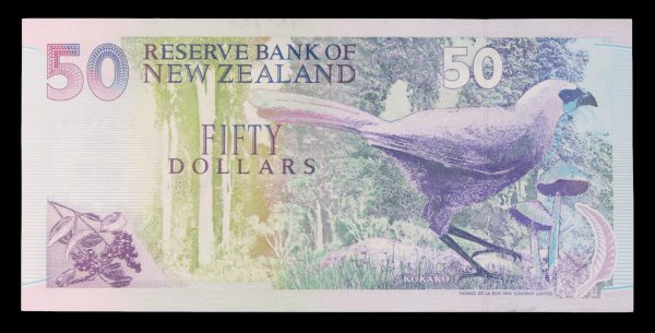 New zealand 50 dollar note with the kokako bird reverse