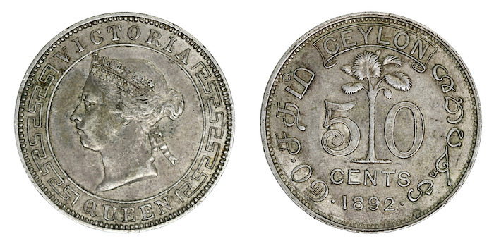 Ceylon british colonial 50 cents 1892