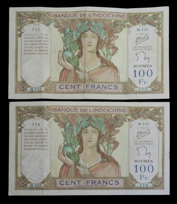 New caledonia paper 100 francs banknotes