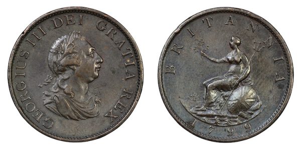 British bronzed copper halfpenny 1799