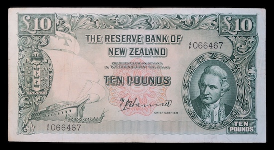 New zealand scarce ten pound note 1955 last prefix 4 f