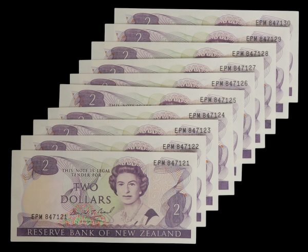 Ten new zealand two dollar banknotes