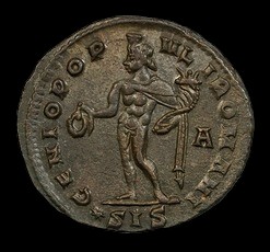 Roman follis diocletian and genius standing naked