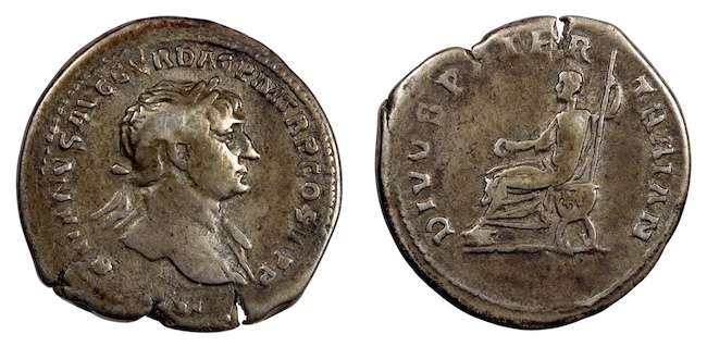 Trajan denarius reverse curule chair