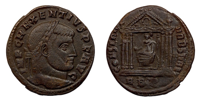 Maxentius coin roma in temple
