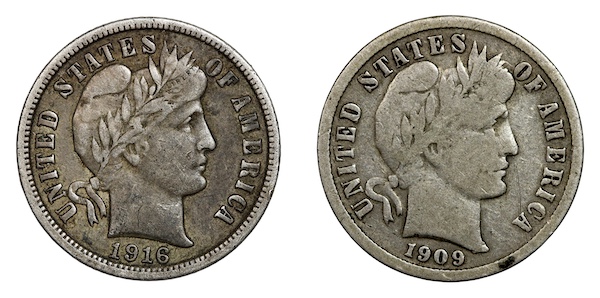 Barber dimes 1909 and 1916
