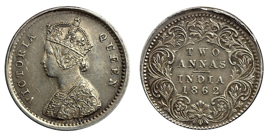 British colonial indian silver two anna coin 1862