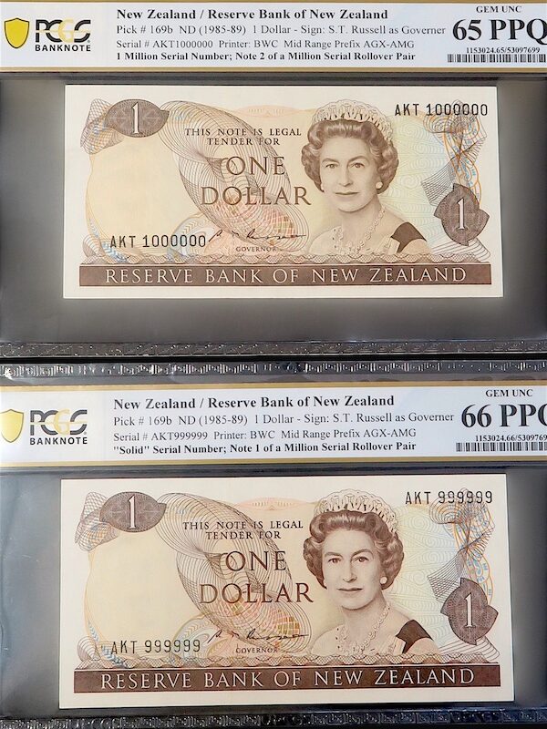 Unique million rollover pair New Zealand Russell dollar banknotes