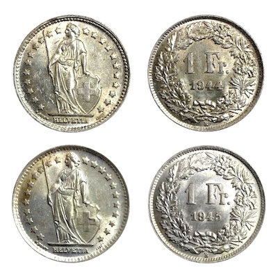 Switzerland silver franc coins 1944 to 1945
