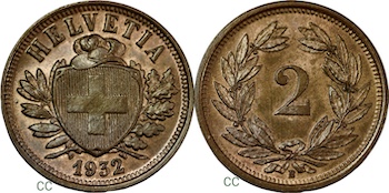 Switzerland two rappen choice uncirculated two rappen 1932