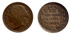 Victorian young head third farthing coin 1885