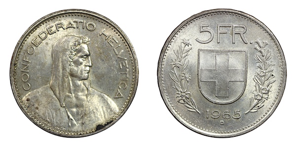 Switzerland five francs 1965 high grade coin