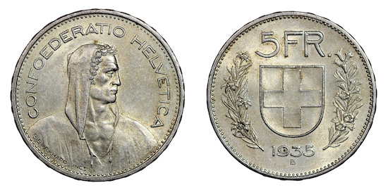 Switzerland five franc 1935