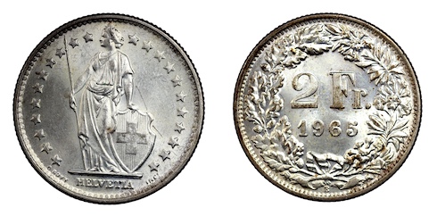Swiss two francs 1965