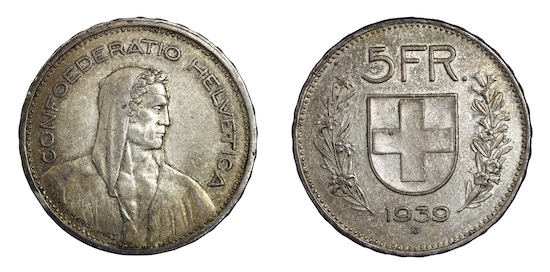 Switzerland five francs 1939