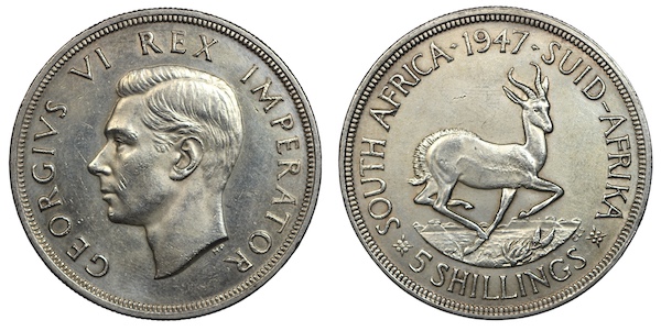 South africa five shillings 1947