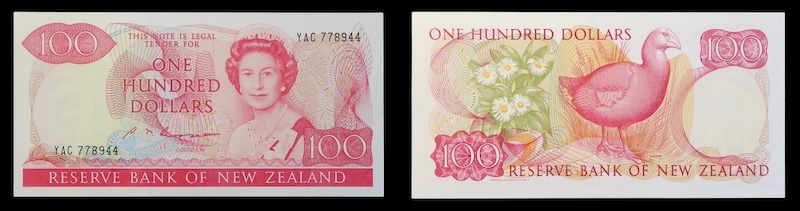 New zealand red 100 dollar note 1985 to 1989