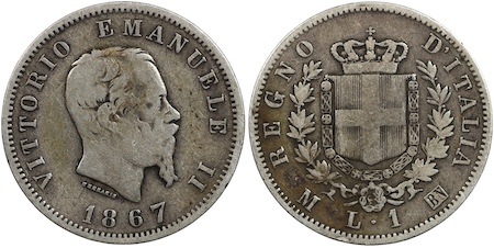 Kingdom of italy one lire 1867
