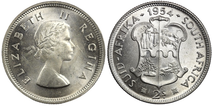 South africa two shillings 1954