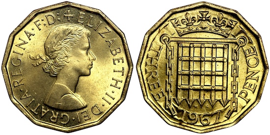 British threepence 1967 bu