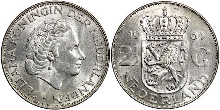 Netherlands 2 and a half gulden 1964