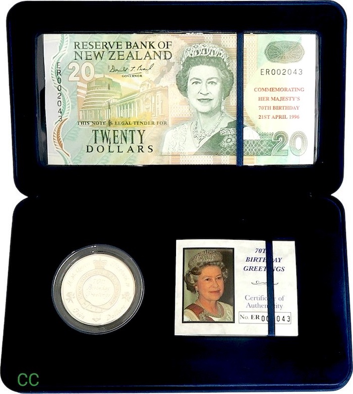 New zealand 70th birthday coin and note set 1996