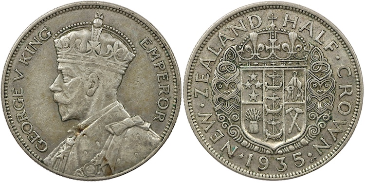 New zealand silver halfcrown 1935 vf grade