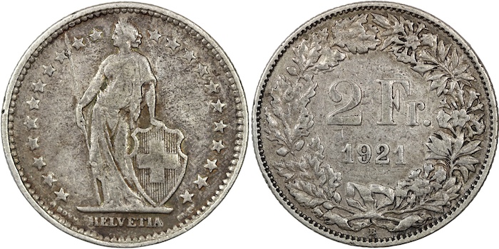 Swiss 2 francs 1921 silver coin