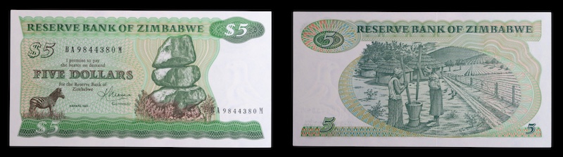 Zimbabwe paper five dollar note 1983