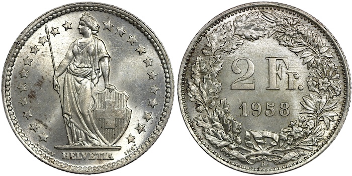 Switzerland two francs 1958
