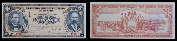 Mexico sinaloa five pesos 1915