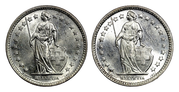 Switzwerland hslf francs high grade coins